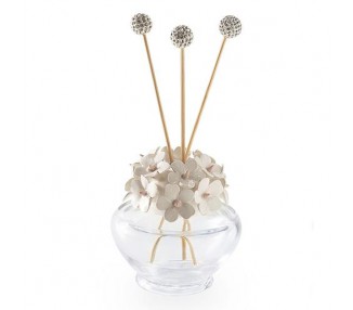 Diffusore in vetro con tappo in ceramica colorata e bastoncini con sfere strass. Diversi colori